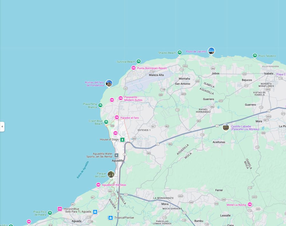 Map of the J&J Digger service area: Aguadilla, Isabela, Moca, Aguada and Rincón